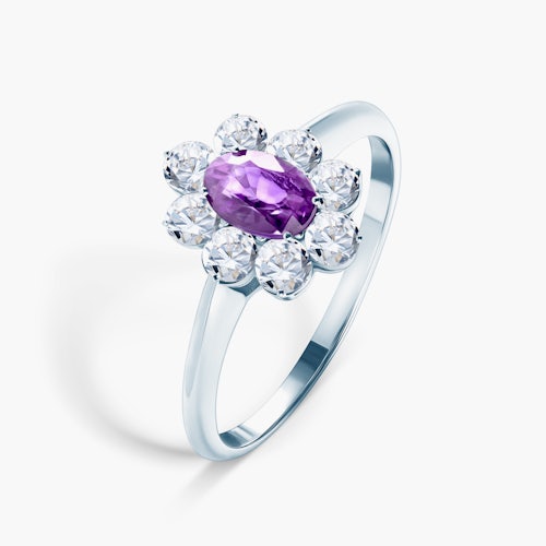 Pierścionek zaręczynowy SAVICKI: białe złoto, fioletowy szafir, białe szafiry